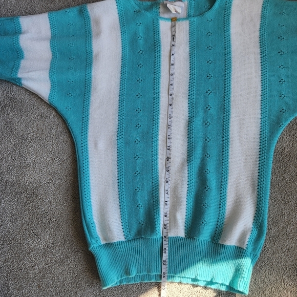 80s Vintage SEARS Teal and White Women's Knit Top 3/4 Length Sleeve Sweater - Picture 9 of 12